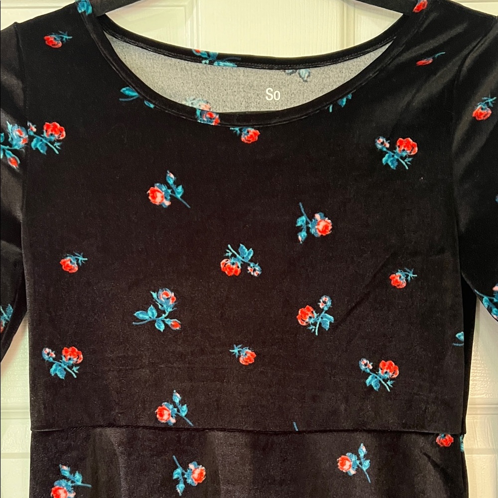 SO Black Velvet Dress with Colorful Floral Accents Holidays Winter Ocassion